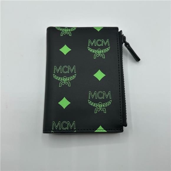 MCM Leather Wallet Green Splash Logo Leather 100% Authenticity Unisex - Picture 7 of 10